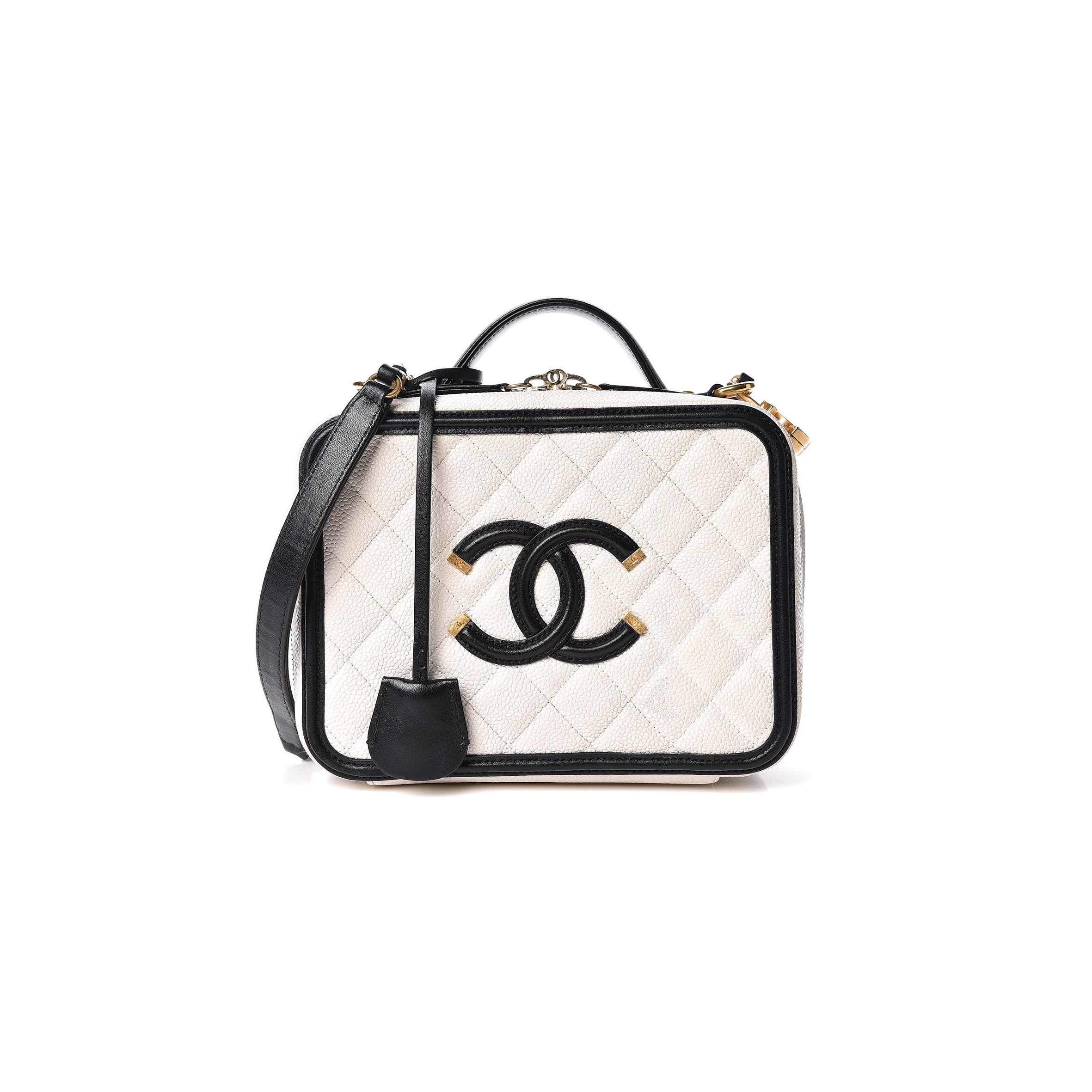 Ch*el caviar quilted medium cc filigree vanity case white black (20*15*8cm)